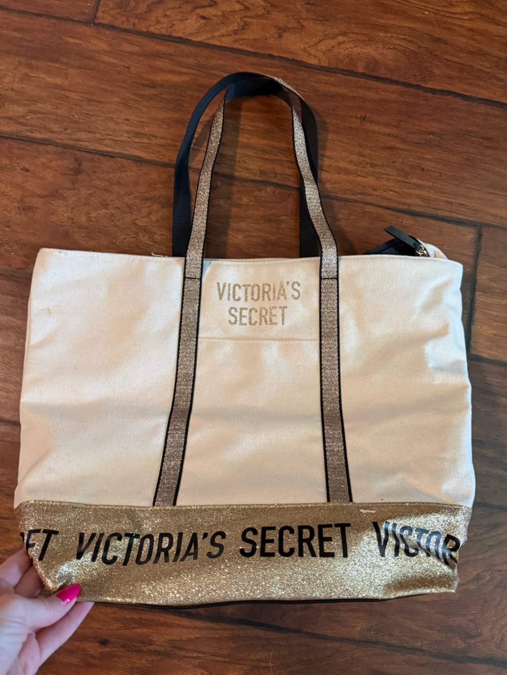 Victoria's Secret Cream and Gold Glitter Tote